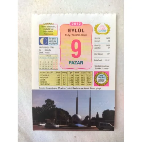 9 Eylül 2012 Vasif Ülkü Renkli Takvim yaprağı / Yavrunuza isim Kız Züleyha Erkek Yusuf / Kuşe Kağıt / Doğum-Özel gün hediyesi