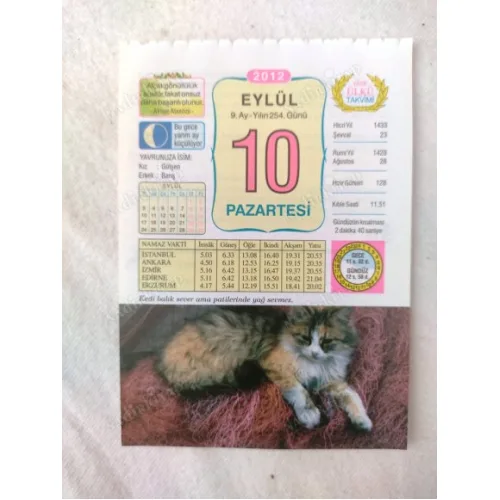 10 Eylül 2012 Vasif Ülkü Renkli Takvim yaprağı / Yavrunuza isim Kız Gülşen Erkek Barış / Kuşe Kağıt / Doğum-Özel gün hediyesi