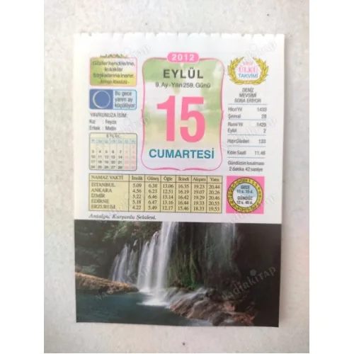 15 Eylül 2012 Vasif Ülkü Renkli Takvim yaprağı / Yavrunuza isim Kız Feyza Erkek Metin / Kuşe Kağıt / Doğum-Özel gün hediyesi