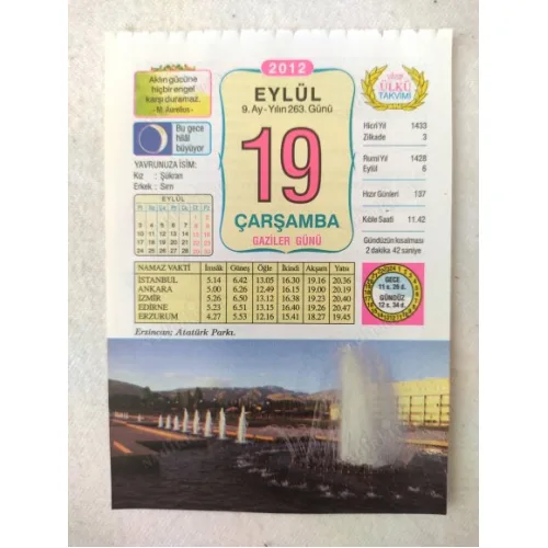 19 Eylül 2012 Vasif Ülkü Renkli Takvim yaprağı / Yavrunuza isim Kız Şükran Erkek Sırrı / Kuşe Kağıt / Doğum-Özel gün hediyesi