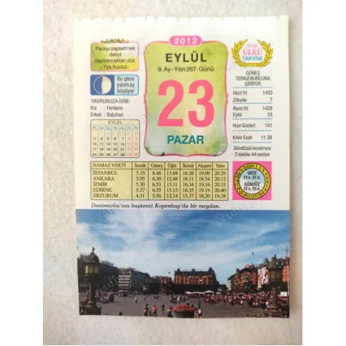 23 Eylül 2012 Vasif Ülkü Renkli Takvim yaprağı / Yavrunuza isim Kız Ferdane Erkek Batuhan / Kuşe Kağıt / Doğum-Özel gün hediyesi