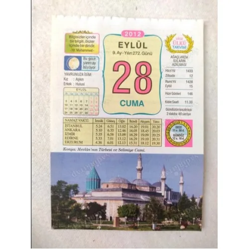 28 Eylül 2012 Vasif Ülkü Renkli Takvim yaprağı / Yavrunuza isim Kız Aşkın Erkek Hulusi / Kuşe Kağıt / Doğum-Özel gün hediyesi