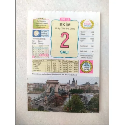 2 Ekim 2012 Vasif Ülkü Renkli Takvim yaprağı / Yavrunuza isim Kız Gonca Erkek Cihangir / Kuşe Kağıt / Doğum-Özel gün hediyesi