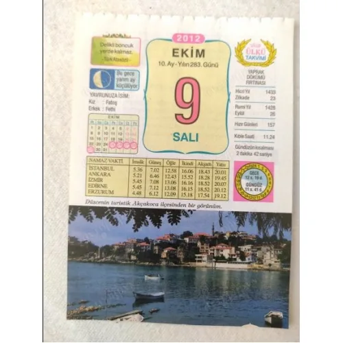 9 Ekim 2012 Vasif Ülkü Renkli Takvim yaprağı / Yavrunuza isim Kız Fatoş Erkek Fethi / Kuşe Kağıt / Doğum-Özel gün hediyesi
