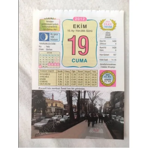 19 Ekim 2012 Vasif Ülkü Renkli Takvim yaprağı / Yavrunuza isim Kız Yeliz Erkek Gürhan / Kuşe Kağıt / Doğum-Özel gün hediyesi
