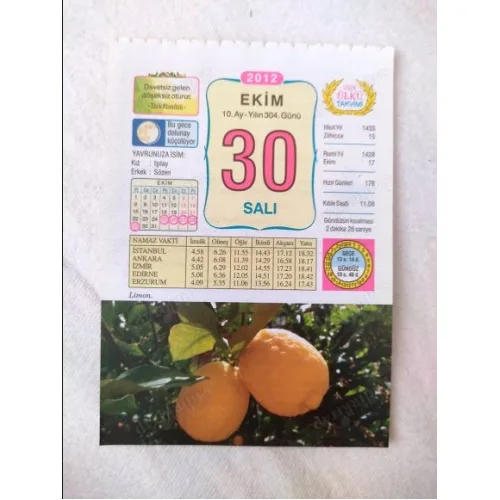 30 Ekim 2012 Vasif Ülkü Renkli Takvim yaprağı / Yavrunuza isim Kız Işılay Erkek Sözen / Kuşe Kağıt / Doğum-Özel gün hediyesi