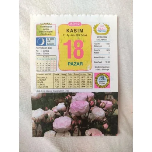 18 Kasım 2012 Vasif Ülkü Renkli Takvim yaprağı / Yavrunuza isim Kız Sündüz Erkek Gürbüz / Kuşe Kağıt / Doğum-Özel gün hediyesi