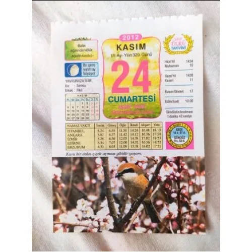 24 Kasım 2012 Vasif Ülkü Renkli Takvim yaprağı / Yavrunuza isim Kız Semra Erkek Fikri / Kuşe Kağıt / Doğum-Özel gün hediyesi