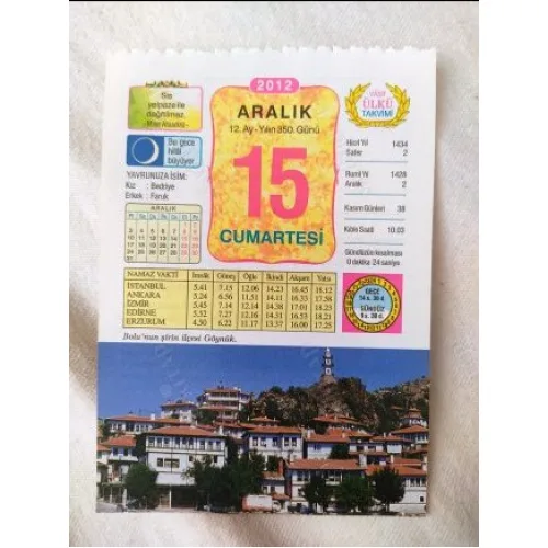 15 Aralık 2012 Vasif Ülkü Renkli Takvim yaprağı / Yavrunuza isim Kız Bedriye Erkek Faruk / Kuşe Kağıt / Doğum-Özel gün hediyesi