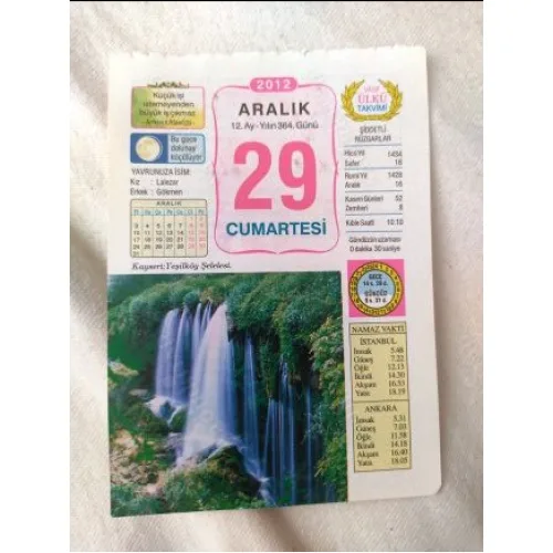 29 Aralık 2012 Vasif Ülkü Renkli Takvim yaprağı / Yavrunuza isim Kız Lalezar Erkek Gökmen / Kuşe Kağıt / Doğum-Özel gün hediyesi