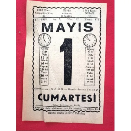 1 Mayıs 1948 Büyük Saatli Maarif Takvimi (Doğum-Özel gün hediyesi)