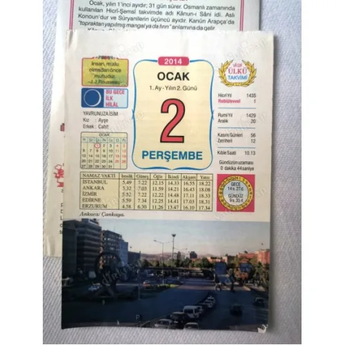 2 Ocak 2014 Ülkü Renkli Takvim yaprağı / Yavrunuza isim Kız Ayşe Erkek Cahit / Kuşe Kağıt / Doğum-Özel gün hediyesi
