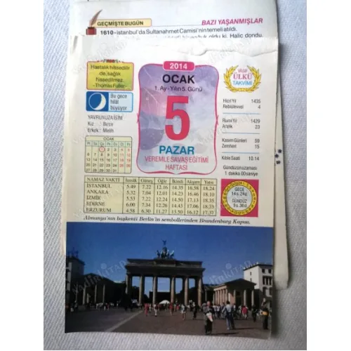 5 Ocak 2014 Ülkü Renkli Takvim yaprağı / Yavrunuza isim Kız Birce Erkek Melih / Kuşe Kağıt / Doğum-Özel gün hediyesi