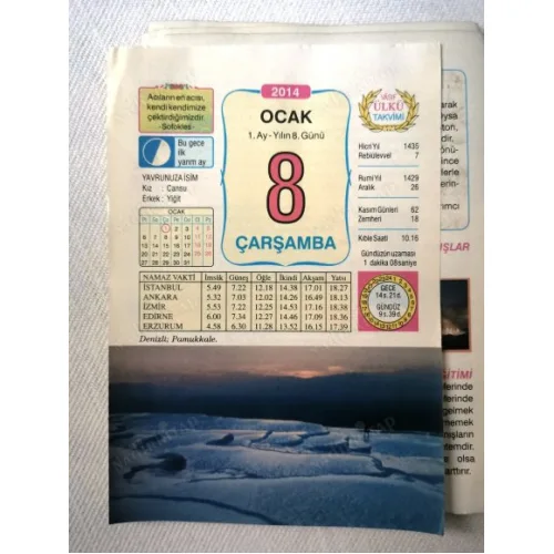 8 Ocak 2014 Ülkü Renkli Takvim yaprağı / Yavrunuza isim Kız Cansu Erkek Yiğit / Kuşe Kağıt / Doğum-Özel gün hediyesi