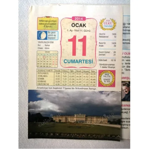 11 Ocak 2014 Ülkü Renkli Takvim yaprağı / Yavrunuza isim Kız Bahar Erkek Hilmi / Kuşe Kağıt / Doğum-Özel gün hediyesi