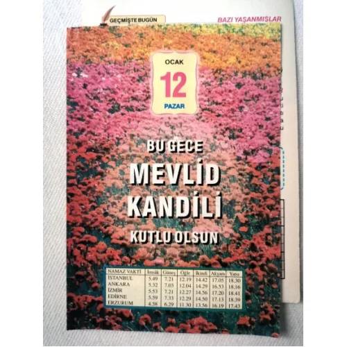 12 Ocak 2014 Ülkü Renkli Takvim yaprağı / Mevlid Kandili / Kuşe Kağıt / Doğum-Özel gün hediyesi