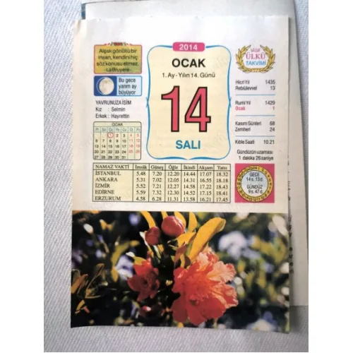 14 Ocak 2014 Ülkü Renkli Takvim yaprağı / Yavrunuza isim Kız Selmin Erkek Hayrettin / Kuşe Kağıt / Doğum-Özel gün hediyesi