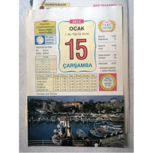 15 Ocak 2014 Ülkü Renkli Takvim yaprağı / Yavrunuza isim Kız Asena Erkek Bülent / Kuşe Kağıt / Doğum-Özel gün hediyesi
