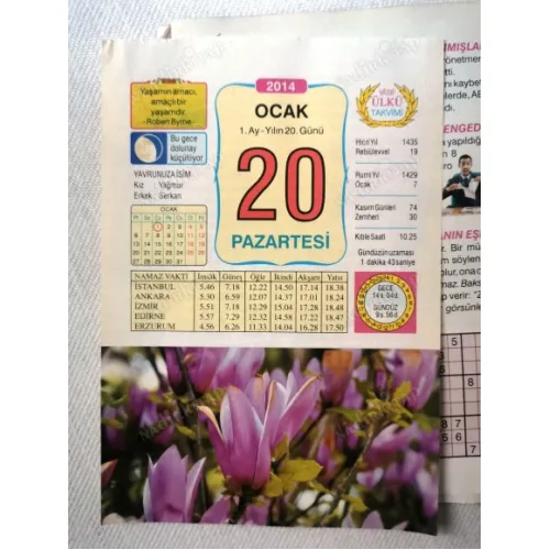 20 Ocak 2014 Ülkü Renkli Takvim yaprağı / Yavrunuza isim Kız Yağmur Erkek Serkan / Kuşe Kağıt / Doğum-Özel gün hediyesi