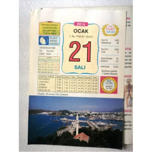 21 Ocak 2014 Ülkü Renkli Takvim yaprağı / Yavrunuza isim Kız Asuman Erkek Nejat / Kuşe Kağıt / Doğum-Özel gün hediyesi
