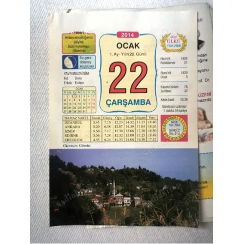 22 Ocak 2014 Ülkü Renkli Takvim yaprağı / Yavrunuza isim Kız Duru Erkek Erdem / Kuşe Kağıt / Doğum-Özel gün hediyesi