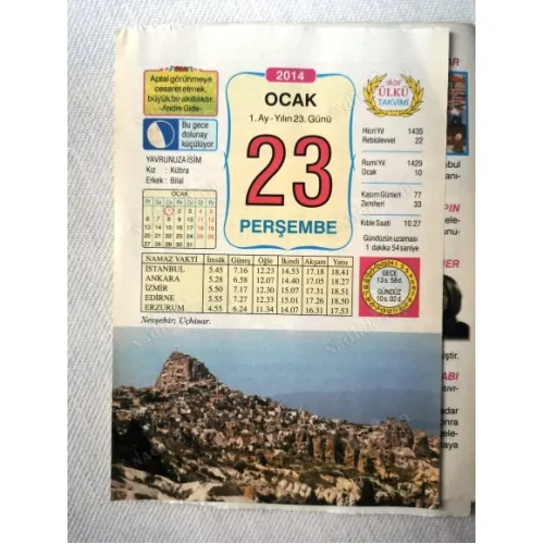 23 Ocak 2014 Ülkü Renkli Takvim yaprağı / Yavrunuza isim Kız Kübra Erkek Bilal / Kuşe Kağıt / Doğum-Özel gün hediyesi