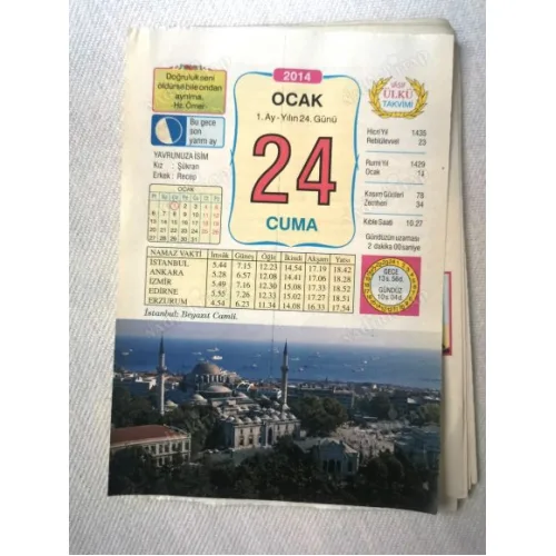 24 Ocak 2014 Ülkü Renkli Takvim yaprağı / Yavrunuza isim Kız Şükran Erkek Recep / Kuşe Kağıt / Doğum-Özel gün hediyesi