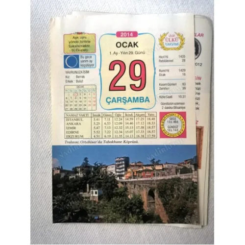 29 Ocak 2014 Ülkü Renkli Takvim yaprağı / Yavrunuza isim Kız Berrak Erkek Bulut / Kuşe Kağıt / Doğum-Özel gün hediyesi
