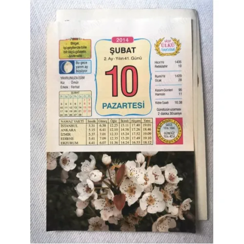 10 Şubat 2014 Ülkü Renkli Takvim yaprağı / Yavrunuza isim Kız Ömür Erkek Ferhat / Kuşe Kağıt / Doğum-Özel gün hediyesi
