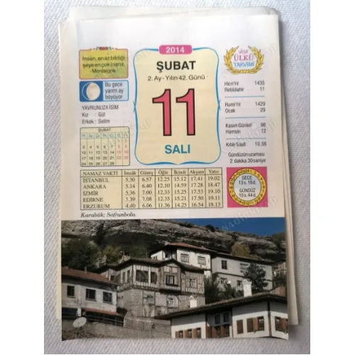 11 Şubat 2014 Ülkü Renkli Takvim yaprağı / Yavrunuza isim Kız Gül Erkek Selim / Kuşe Kağıt / Doğum-Özel gün hediyesi