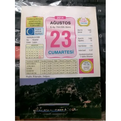 23 Ağustos 2014 Ülkü Renkli Takvim yaprağı / Yavrunuza isim Kız Nezahat Erkek Çağan / Kuşe Kağıt / Doğum-Özel gün hediyesi
