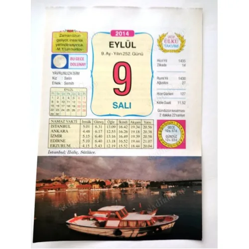 9 Eylül 2014 Ülkü Renkli Takvim yaprağı / Yavrunuza isim Kız Selin Erkek Semih / Kuşe Kağıt / Doğum-Özel gün hediyesi