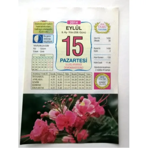 15 Eylül 2014 Ülkü Renkli Takvim yaprağı / Yavrunuza isim Kız Oylum Erkek Ümit / Kuşe Kağıt / Doğum-Özel gün hediyesi
