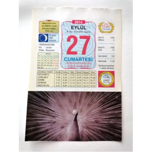 27 Eylül 2014 Ülkü Renkli Takvim yaprağı / Yavrunuza isim Kız Lerzan Erkek Bünyamin / Kuşe Kağıt / Doğum-Özel gün hediyesi