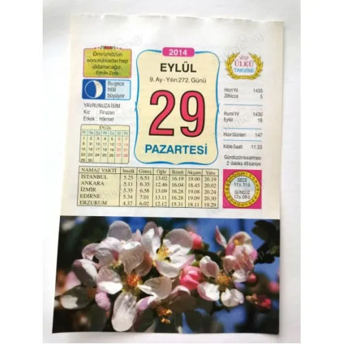 29 Eylül 2014 Ülkü Renkli Takvim yaprağı / Yavrunuza isim Kız Firuzan Erkek Hikmet / Kuşe Kağıt / Doğum-Özel gün hediyesi