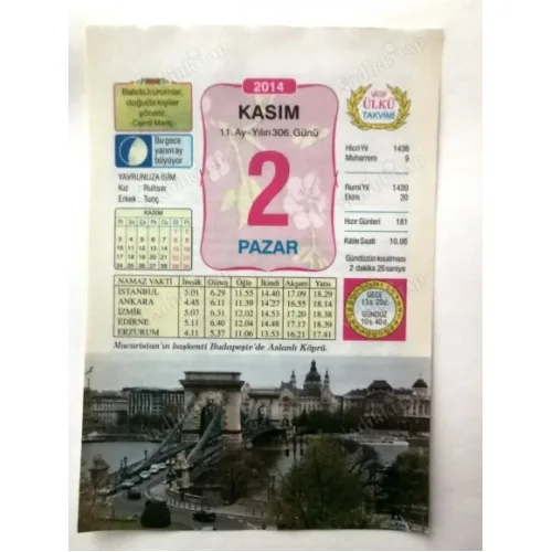 2 Kasım 2014 Ülkü Renkli Takvim yaprağı / Yavrunuza isim Kız Ruhsar Erkek Tunç / Kuşe Kağıt / Doğum-Özel gün hediyesi