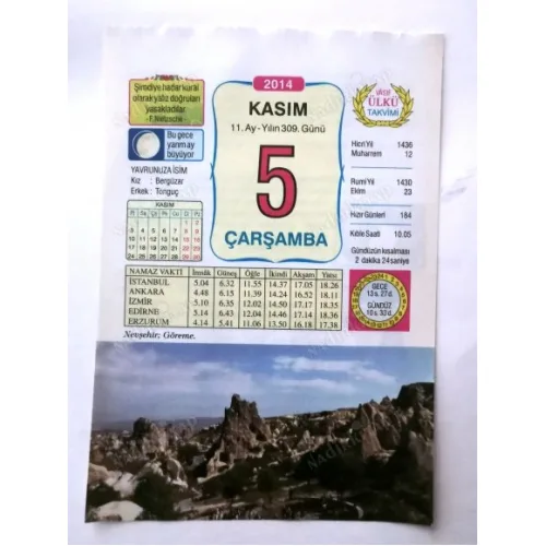 5 Kasım 2014 Ülkü Renkli Takvim yaprağı / Yavrunuza isim Kız Bergüzar Erkek Tonguç / Kuşe Kağıt / Doğum-Özel gün hediyesi