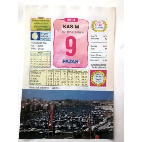 9 Kasım 2014 Ülkü Renkli Takvim yaprağı / Yavrunuza isim Kız Biricik Erkek Sercan / Kuşe Kağıt / Doğum-Özel gün hediyesi