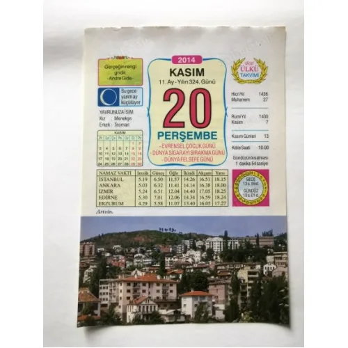 20 Kasım 2014 Ülkü Renkli Takvim yaprağı / Yavrunuza isim Kız Menekşe Erkek Teoman / Kuşe Kağıt / Doğum-Özel gün hediyesi