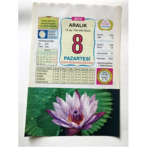 8 Aralık 2014 Ülkü Renkli Takvim yaprağı / Yavrunuza isim Kız Şirin Erkek Uluç / Kuşe Kağıt / Doğum-Özel gün hediyesi