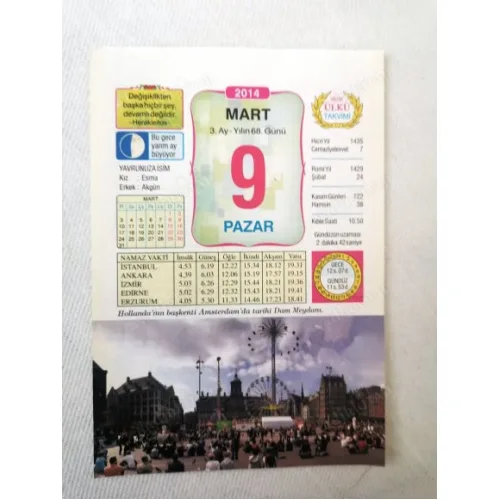 9 Mart 2014 Ülkü Renkli Takvim yaprağı / Yavrunuza isim Kız Esman Erkek Akgün / Kuşe Kağıt / Doğum-Özel gün hediyesi