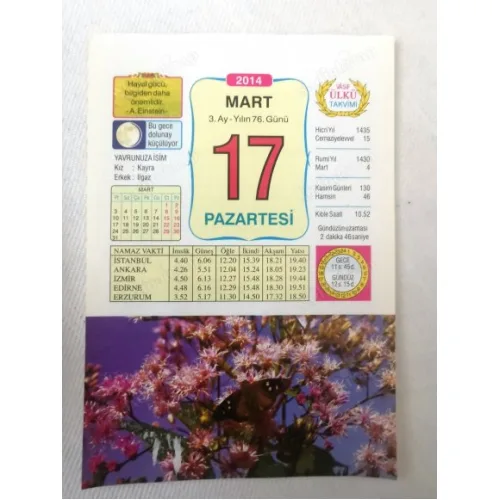 17 Mart 2014 Ülkü Renkli Takvim yaprağı / Yavrunuza isim Kız Kayra Erkek Ilgaz / Kuşe Kağıt / Doğum-Özel gün hediyesi
