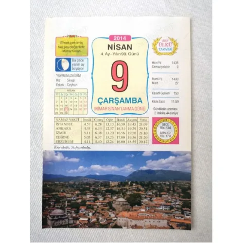 9 Nisan 2014 Ülkü Renkli Takvim yaprağı / Yavrunuza isim Kız Sevgi Erkek Ceyhan / Kuşe Kağıt / Doğum-Özel gün hediyesi