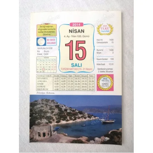15 Nisan 2014 Ülkü Renkli Takvim yaprağı / Yavrunuza isim Kız Beyza Erkek Cahit / Kuşe Kağıt / Doğum-Özel gün hediyesi