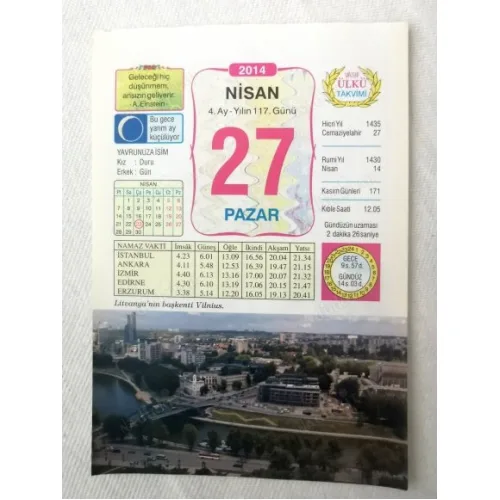 27 Nisan 2014 Ülkü Renkli Takvim yaprağı / Yavrunuza isim Kız Duru Erkek Gün / Kuşe Kağıt / Doğum-Özel gün hediyesi