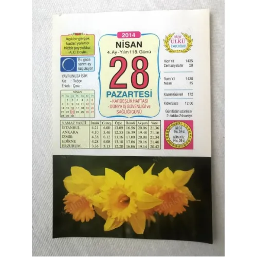 28 Nisan 2014 Ülkü Renkli Takvim yaprağı / Yavrunuza isim Kız Tuğçe Erkek Çınar / Kuşe Kağıt / Doğum-Özel gün hediyesi