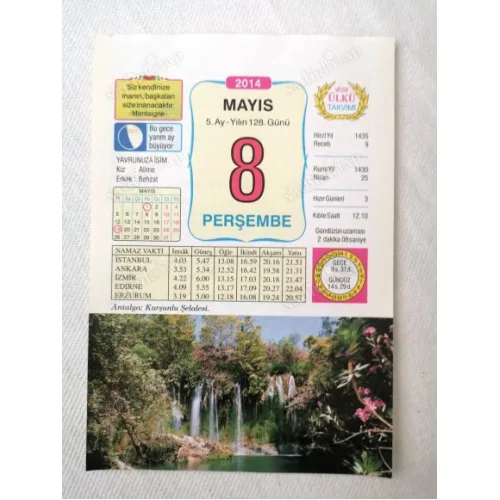8 Mayıs 2014 Ülkü Renkli Takvim yaprağı / Yavrunuza isim Kız Alime Erkek Behzat / Kuşe Kağıt / Doğum-Özel gün hediyesi