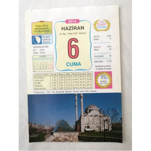6 Haziran 2014 Ülkü Renkli Takvim yaprağı / Yavrunuza isim Kız Ayfer Erkek Tamer / Kuşe Kağıt / Doğum-Özel gün hediyesi