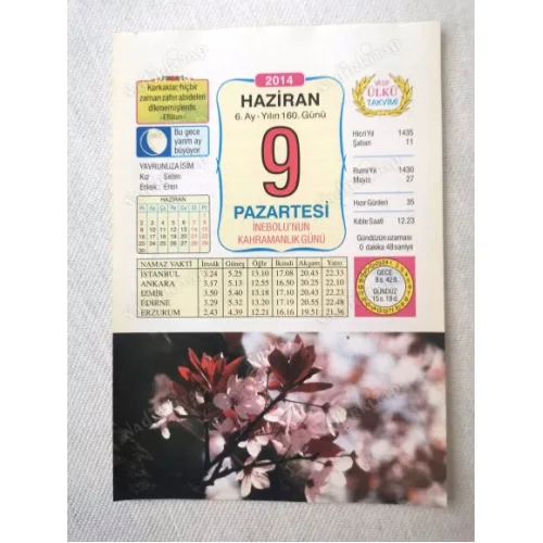 9 Haziran 2014 Ülkü Renkli Takvim yaprağı / Yavrunuza isim Kız Selen Erkek Eren / Kuşe Kağıt / Doğum-Özel gün hediyesi
