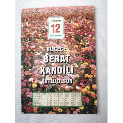 12 Haziran 2014 Ülkü Renkli Takvim yaprağı / Berat Kandili / Kuşe Kağıt / Doğum-Özel gün hediyesi